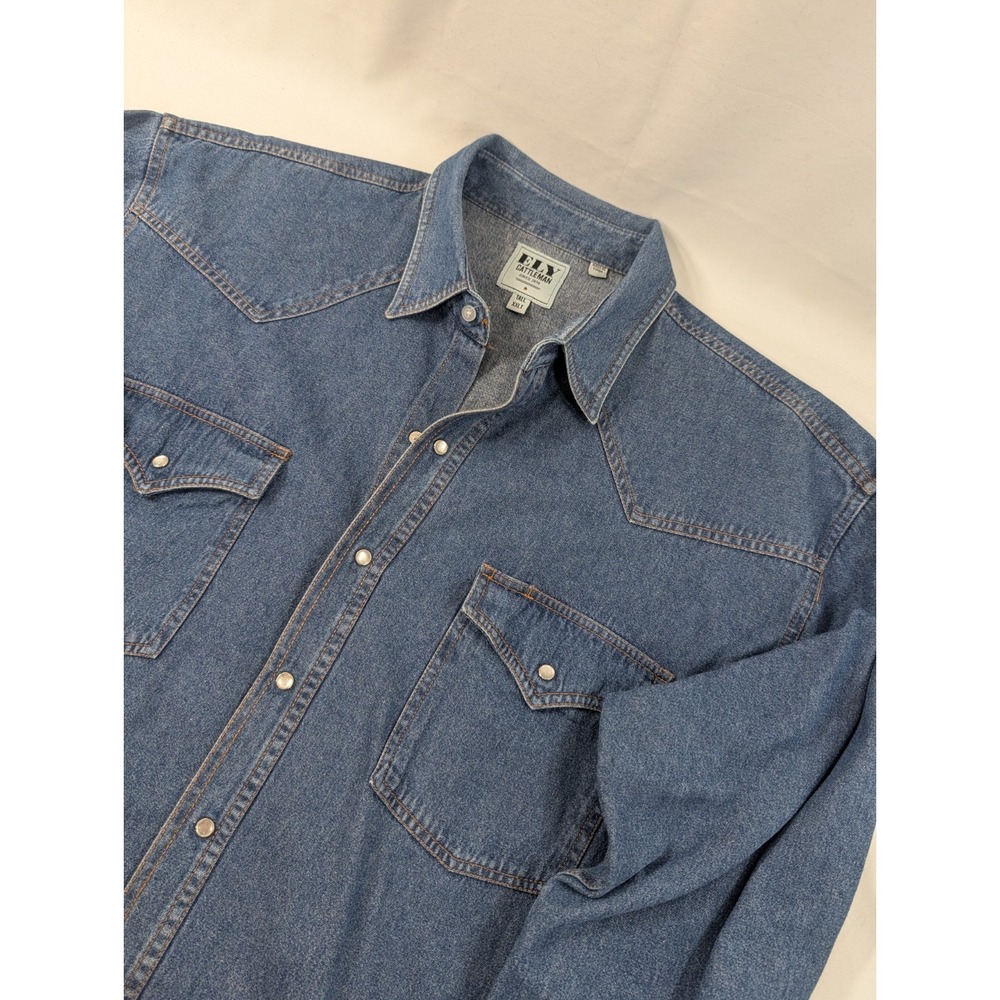Vintage Ely Cattleman Heavy Denim Western Shirt Mens 2XLT Thick Pearl Snap Yoke